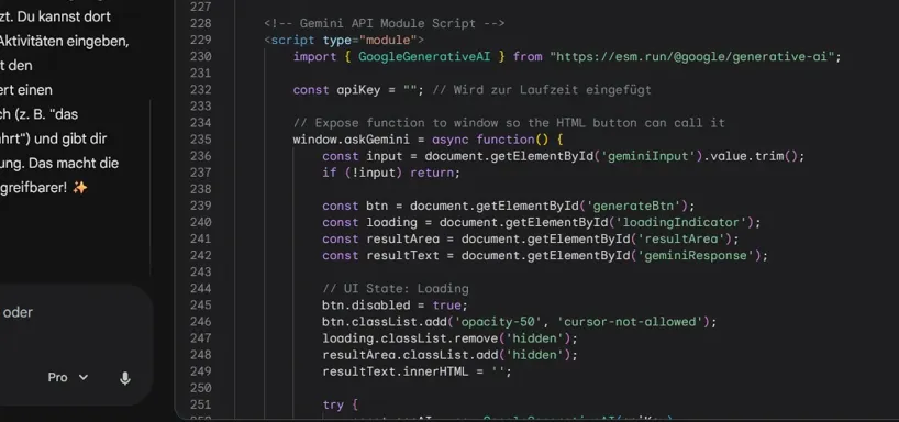 Beispiel: Gemini soll eine dynamische Infografik bauen. Gemini packt API-Token in öffentlichen Code/Frontend. Unwissende fragen nun die KI, die sagt: Hol dir den Key von xyz und packe ihn dort rein! Das ist gefährlich.