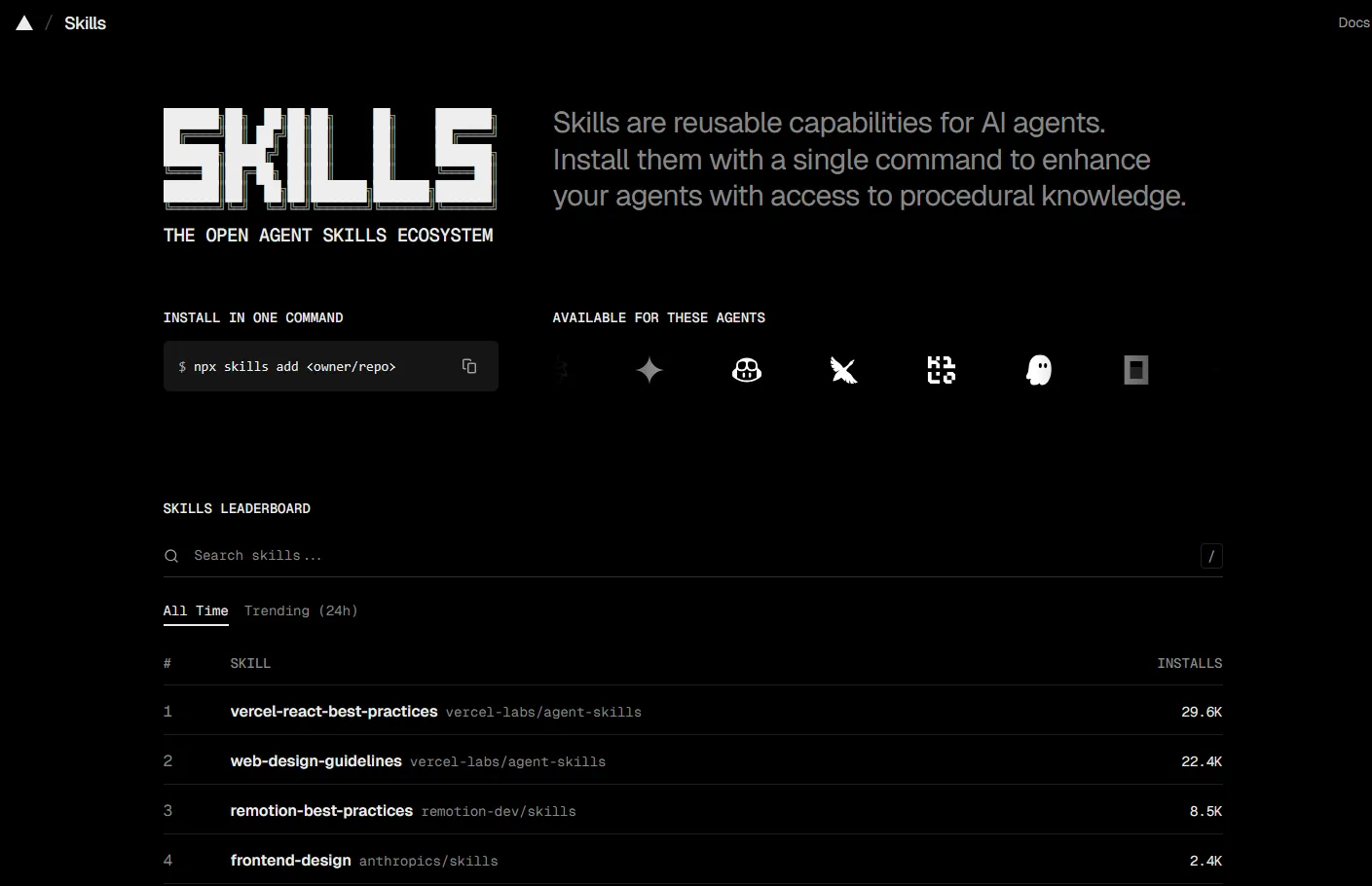 Agent Skills aus dem Vercel Open Agent Ecosystem Leaderboard und Skill-Suche.