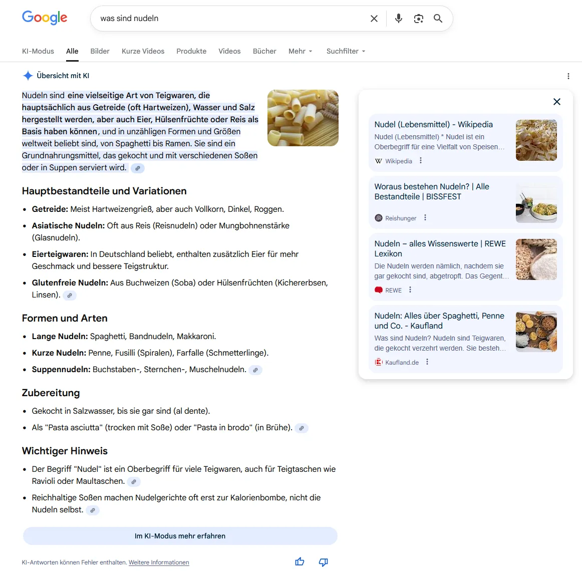 Beispiel für AIO: Was sind Nudeln, liefert eine KI Antwort.