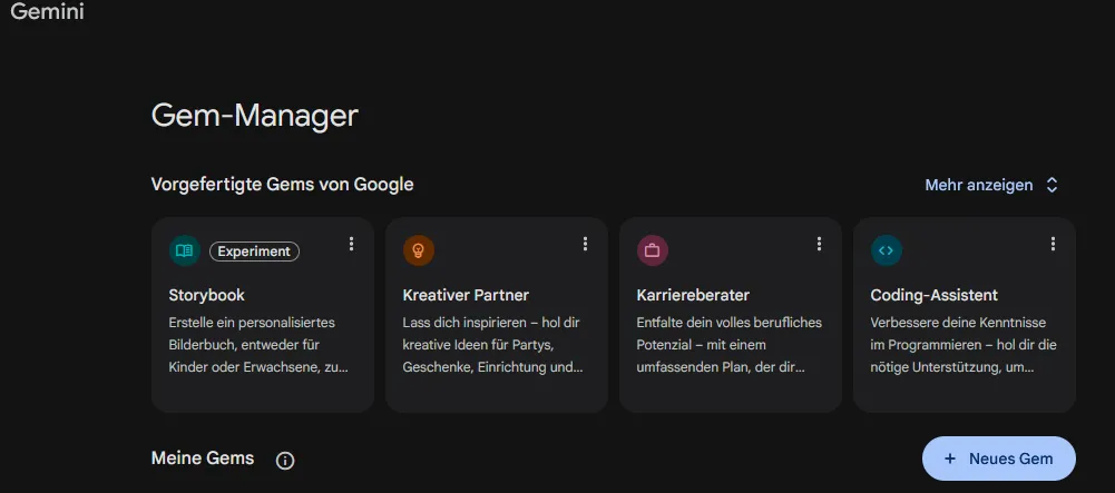 Interface: Gemini Gems Übersicht.