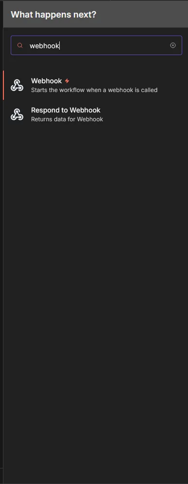 Rechts im UI unter + öffnet dir alle Node-Items, wir suchen hier z.B. nach Webhook.