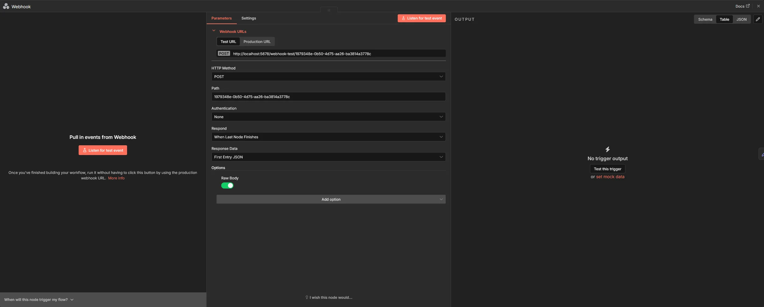 Der Webhook-Node; er ist die API, wo wir z.B. mittels Postman oder curl ansteuern.