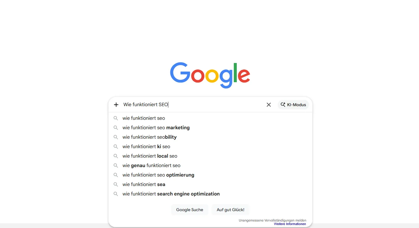 Google Autocomplete-Vorschläge am Beispiel-Long-Term-Keyword: Wie funktioniert SEO.