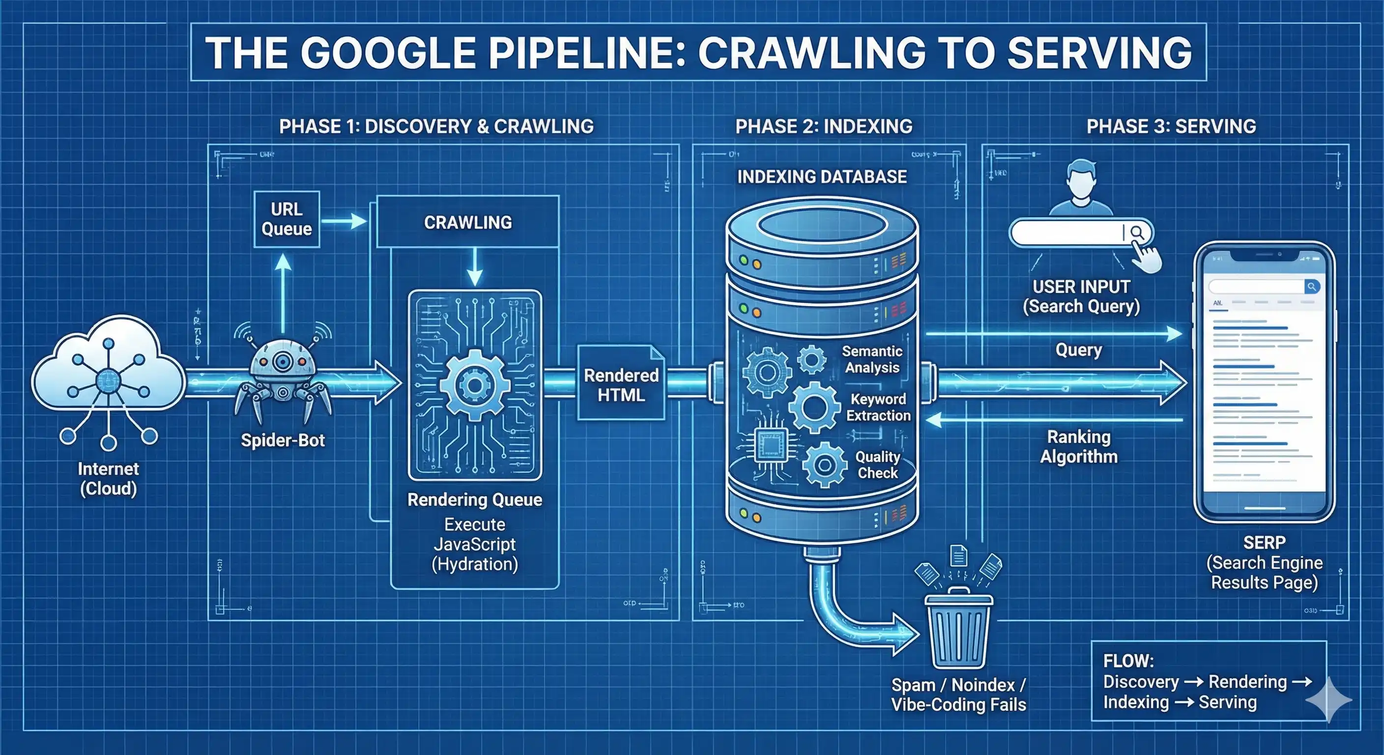 Infografik wie Google funktioniert. Grafik mit Gemini Pro erstellt.