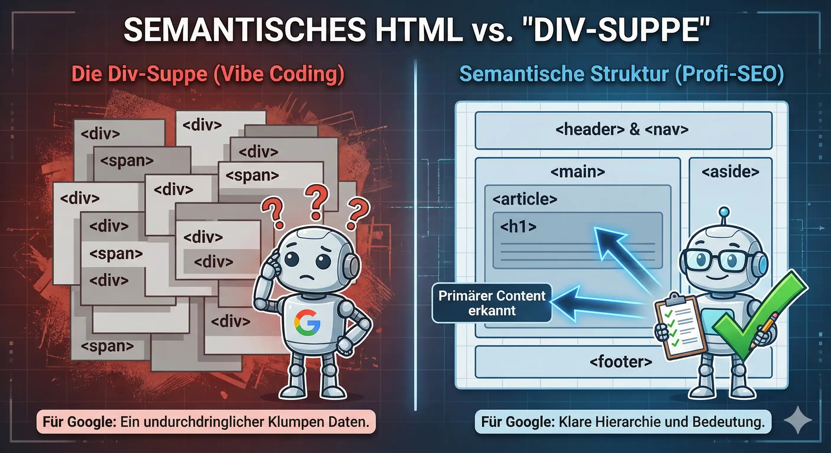 Infografik "Div-Suppe" gegen semantisches HTML. Grafik mit Gemini Pro erstellt.