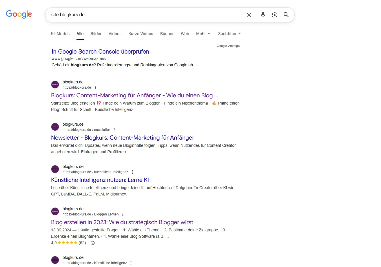Site: Befehl in der Google Suche offenbart alle indexierten Seiten einer Domain.