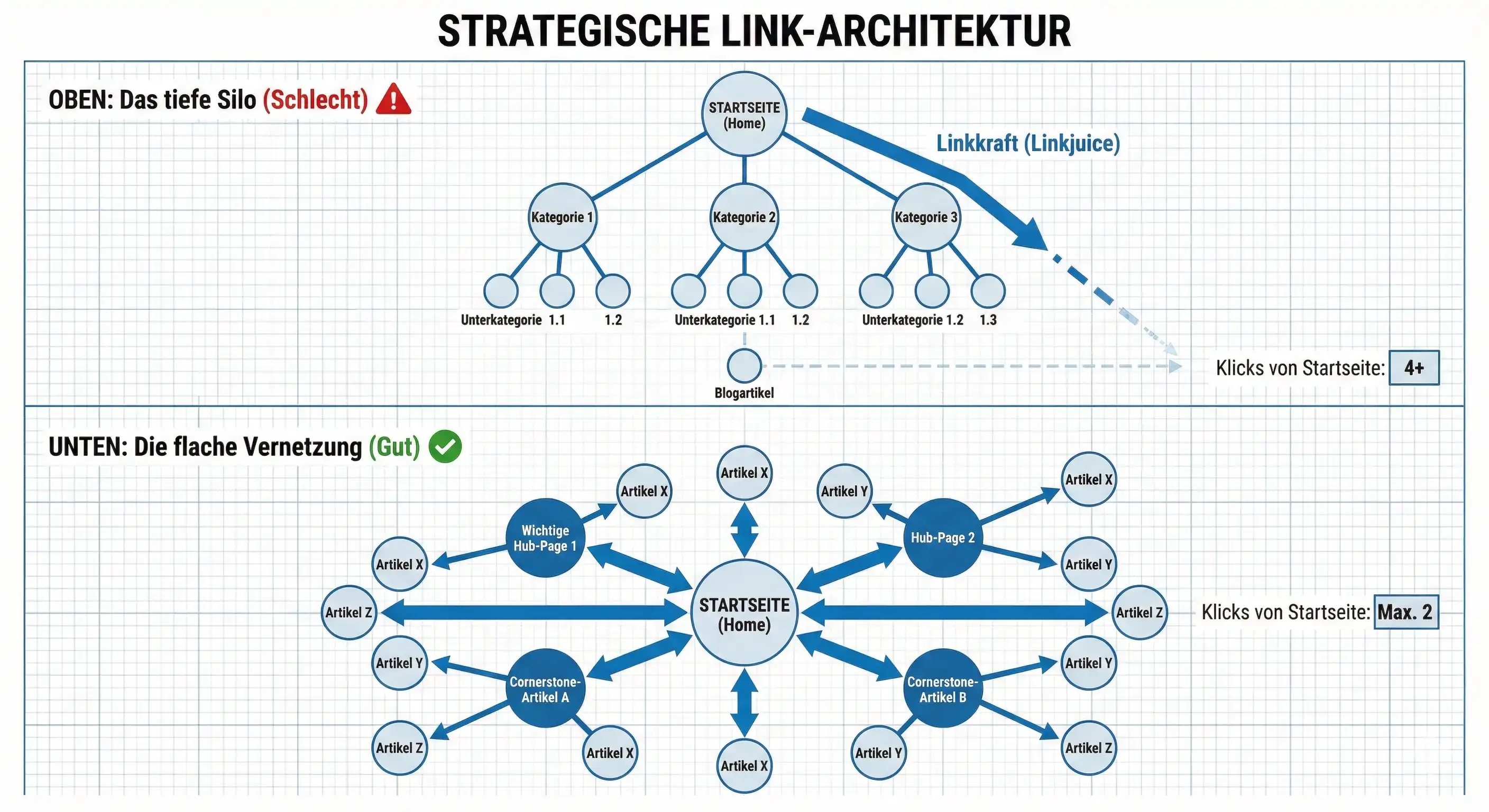 Infografik über eine idealistische Link-Architektur. Grafik mit Gemini Pro erstellt.